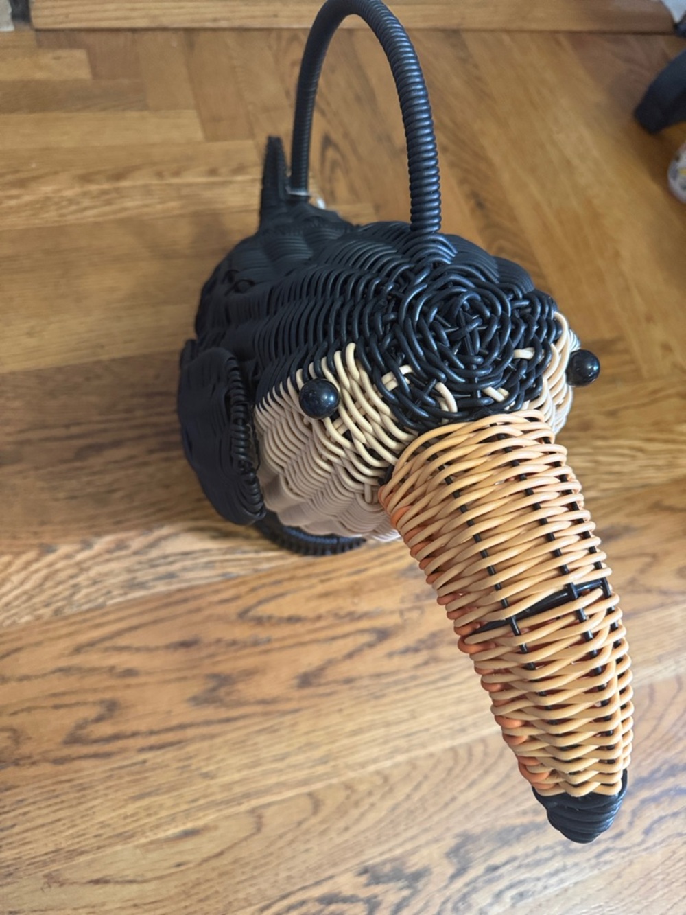 Woven Bird Shaped Basket Handbag in Black and Tan